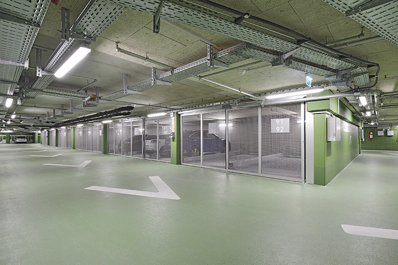 Green underground car park with a parking system
