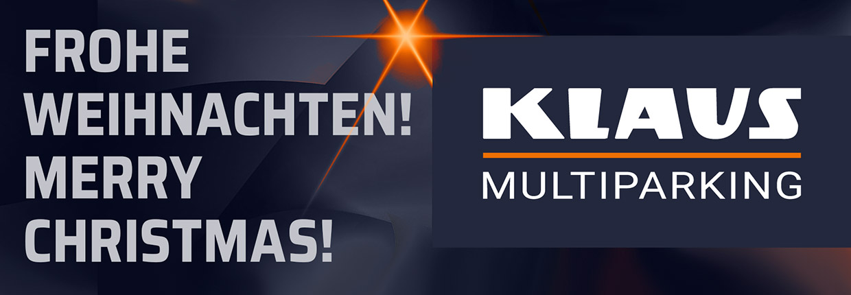 Frohe Weihnachten, Merry Christmas, on the right side Logo KLAUS Multiparking